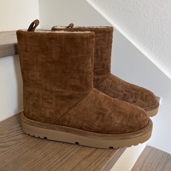 NWOB Fendi FF Logo Shearling-Lined Suede Ankle Boots in Tobacco - Picture 4 of 11